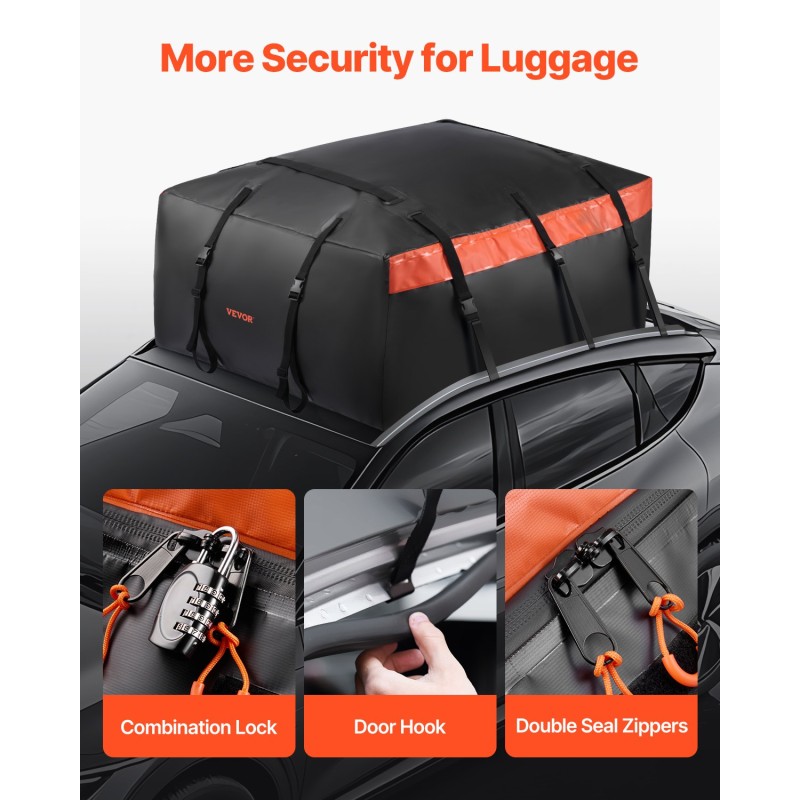 Kattolaukku 23 kuutiojalkaa 840D PVC-materiaali vedenpitävä musta ja oranssi lukolla