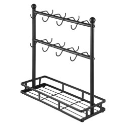 Työtasomallinen hiiliteräksinen kahvimukiteline kuusitoista koukkua säilytysalustalla mattamusta