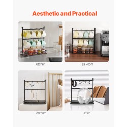 Työtasomallinen hiiliteräksinen kahvimukiteline kuusitoista koukkua säilytysalustalla mattamusta