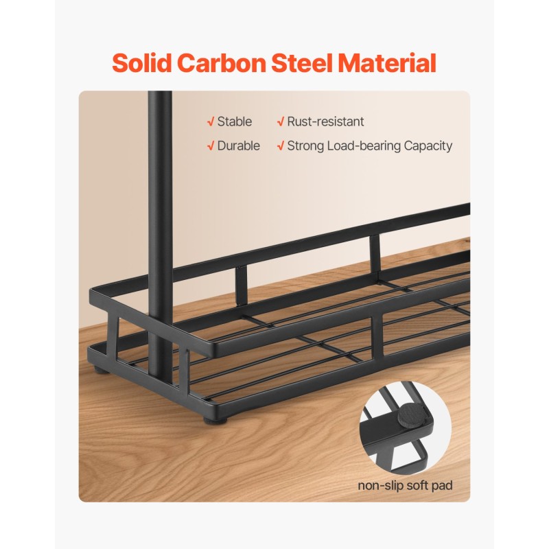 Työtasomallinen hiiliteräksinen kahvimukiteline kuusitoista koukkua säilytysalustalla mattamusta