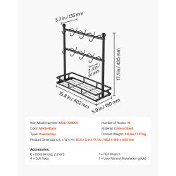 Työtasomallinen hiiliteräksinen kahvimukiteline kuusitoista koukkua säilytysalustalla mattamusta