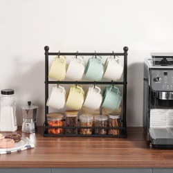 Työtasomallinen hiiliteräksinen kahvimukiteline kuusitoista koukkua säilytysalustalla mattamusta