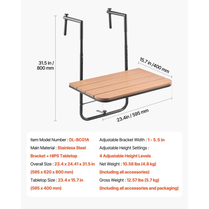 Ripustettava taittuva parvekepöytä ruostumaton teräs säänkestävä pöytälevy