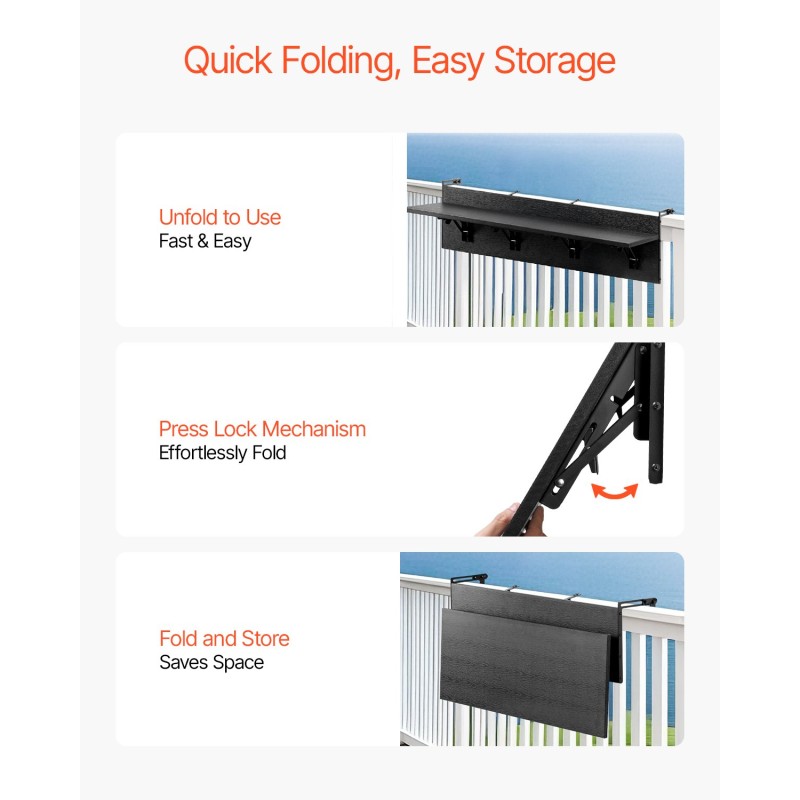 Taittuva ripustettava parvekekaidepöytä ruostumaton teräskannatin PS-muovinen pöytälevy 1500 x 300 mm