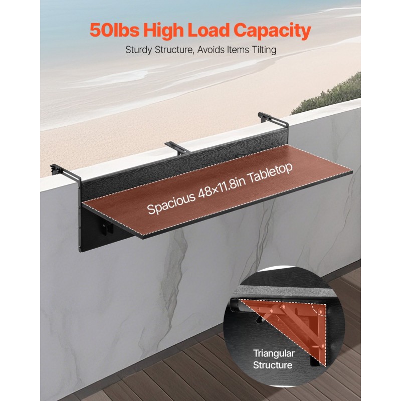 Taittuva parvekekaidepöytä ruostumaton teräsrunko PS-pöytätaso 122 x 30 cm ulkokäyttöön