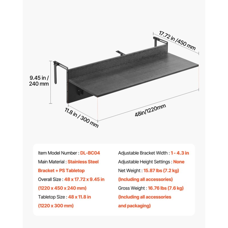 Taittuva parvekekaidepöytä ruostumaton teräsrunko PS-pöytätaso 122 x 30 cm ulkokäyttöön