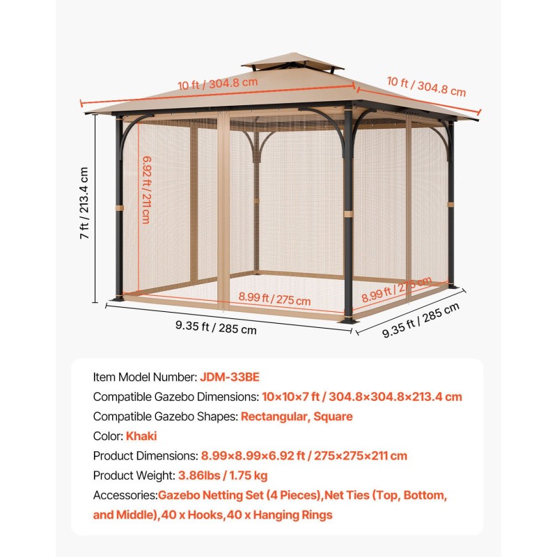 Sivuseinäverkko huvimajaan nelipaneelinen khakinvärinen 10×10×7 jalkaa