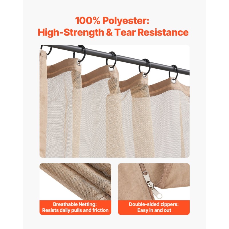 Hyttysverkko paviljonkiin nelipaneelinen khakinvärinen kaksipuoleinen vetoketju