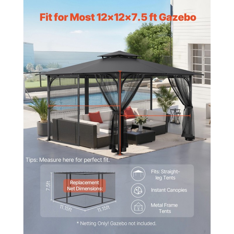 Paviljongin verkkosivuseinä 4-paneelinen musta hyönteissuoja hengittävä verkko 340×340×226 cm