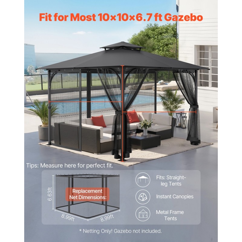 Paviljongin sivuseinäverkko 10 x 10 x 6,7 jalkaa musta 4-paneelinen