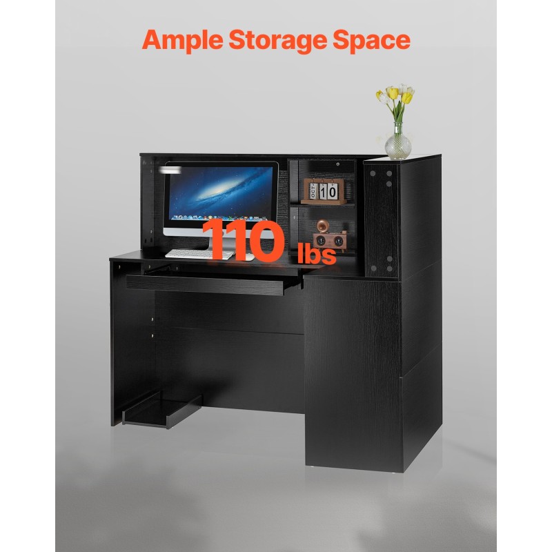 Vastaanottotiski L-muotoinen MDF 1400x800x1200 mm musta lukittava kaappi näppäimistötaso