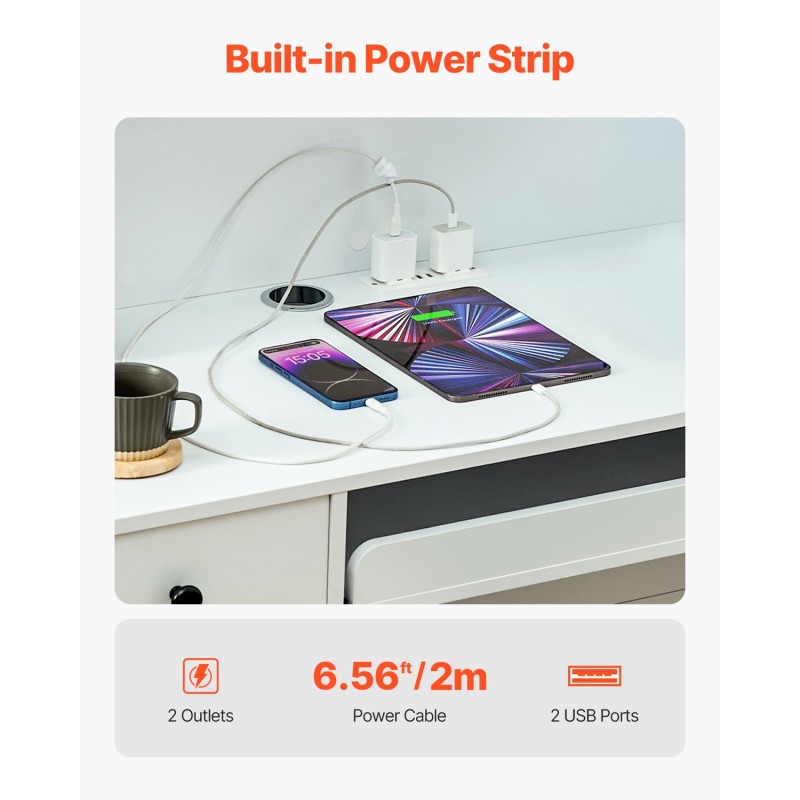 Vastaanottotiski MDF 1200 x 475 x 1000 mm valkoinen LED-valaistus USB-portit toimistoon