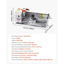 Metallisorvi valurauta-alumiinirunko 220mm 450mm kapasiteetti 1250W harjaton tasavirtamoottori automaattinen syöttö