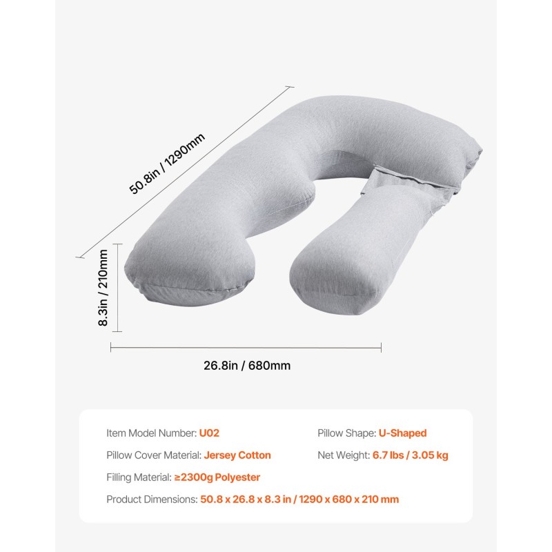 U-muotoinen raskausajan koko kehon tukityyny jerseypuuvillapäällisellä polyesteritäytteellä