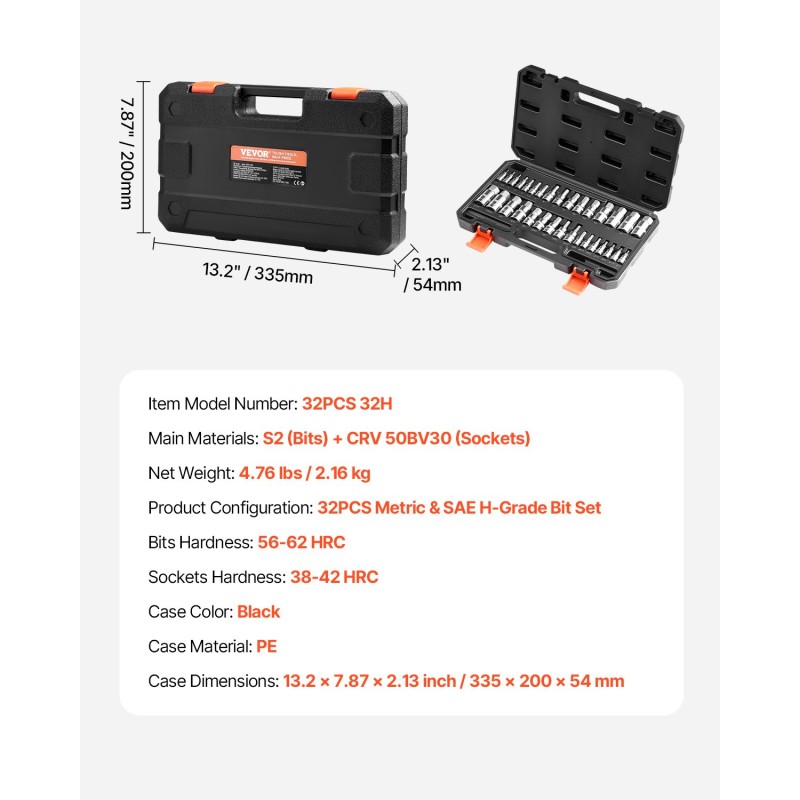 Kuusiokolohylsysarja 32-osainen metriset ja SAE-koot S2-seosteräs PE-säilytyskotelolla