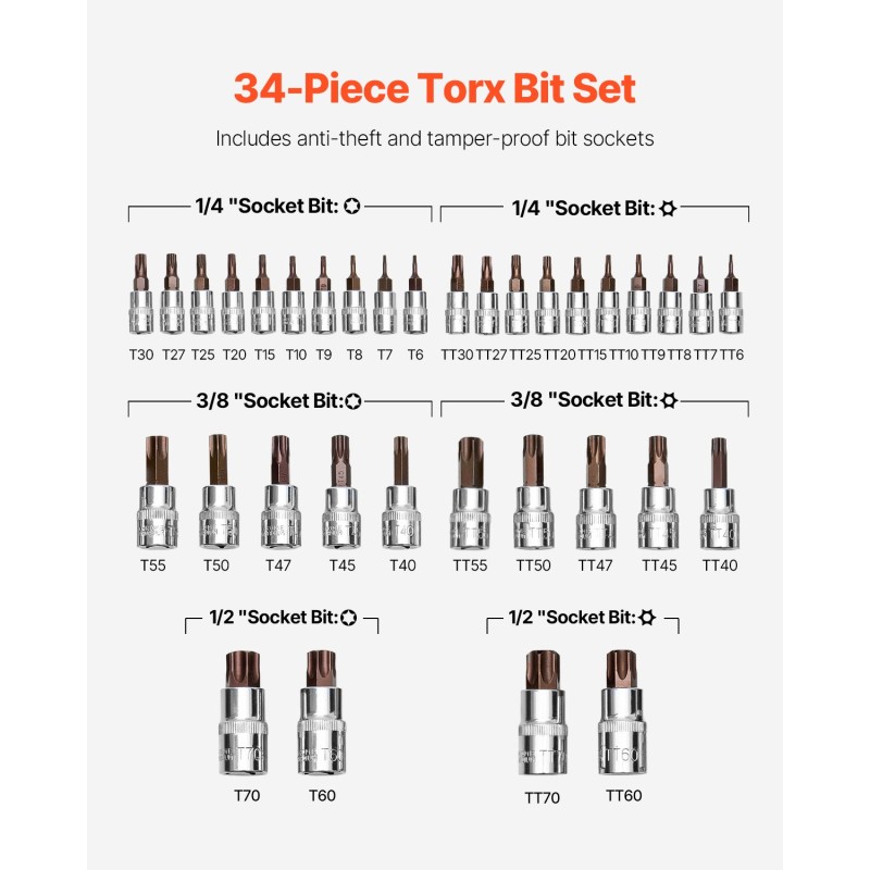 Torx-hylsyavainsarja 34-osainen S2-kärjet Cr-V-hylsyt T6–T70 turva-Torx-kärjillä PE-säilytyslaukulla