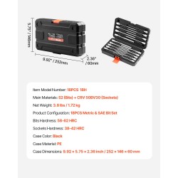 Kuusiokolohylsysarja 18-osainen tuuma ja metrinen koot 3–12 mm S2-seosteräksiset kärjet