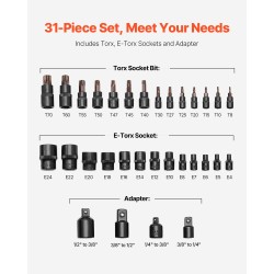 31-osainen Torx- ja ulko-Torx-hylsysarja T8–T70 ja E4–E24 S2-seosterä CRV-teräshylsyt PE-säilytyskotelo