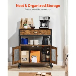 Kahvibaari-kaappi MDF-levy ja hiiliteräsrunko 4-tasoinen pyörillä verkkoritiläovilla