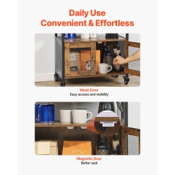 Kahvibaari-kaappi MDF-levy ja hiiliteräsrunko 4-tasoinen pyörillä verkkoritiläovilla