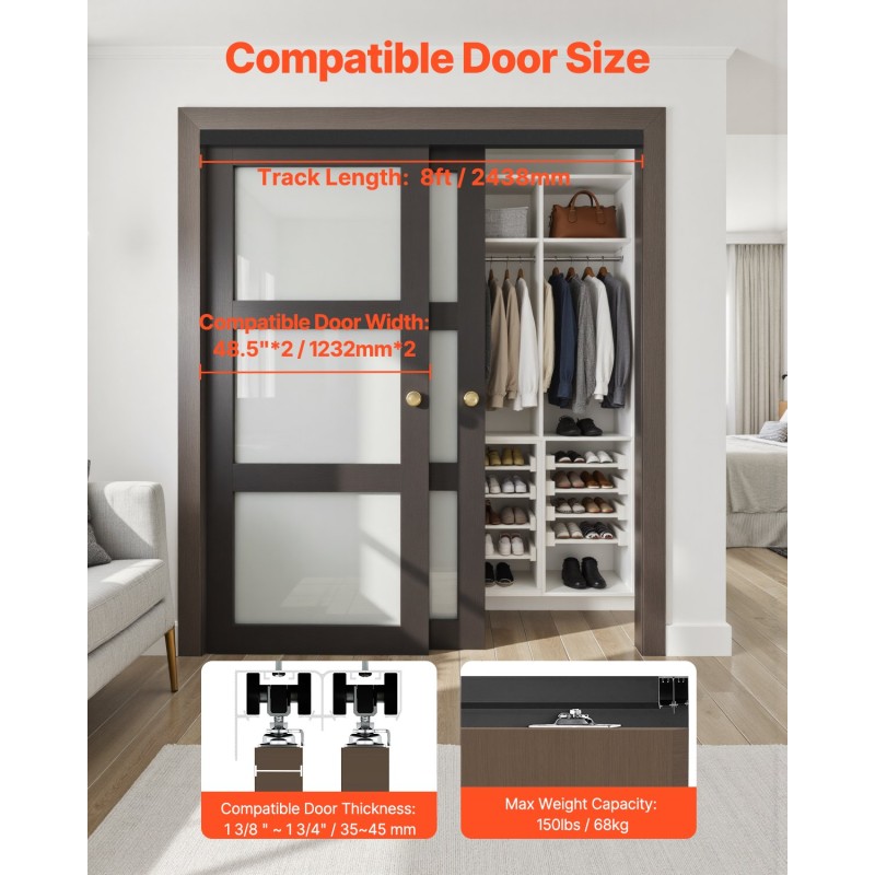 Liukuovikiskosarja alumiiniseoksinen 8-jalkainen kahdelle limittäiselle ovelle kantavuus 68 kiloa