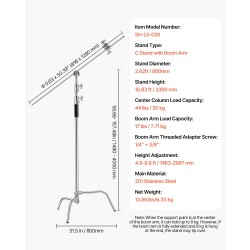 C-valaisinjalusta puomivarrella 201-ruostumaton teräs säädettävä korkeus 1463–2987 mm 20 kg kantavuus