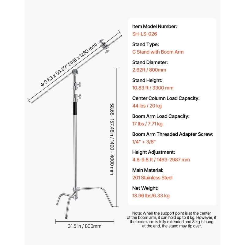 C-valaisinjalusta puomivarrella 201-ruostumaton teräs säädettävä korkeus 1463–2987 mm 20 kg kantavuus