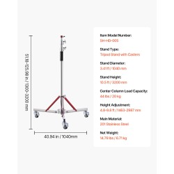 Kolmijalkainen valojalusta pyörillä ruostumaton teräs 1463–2987 mm 20 kg kantavuus