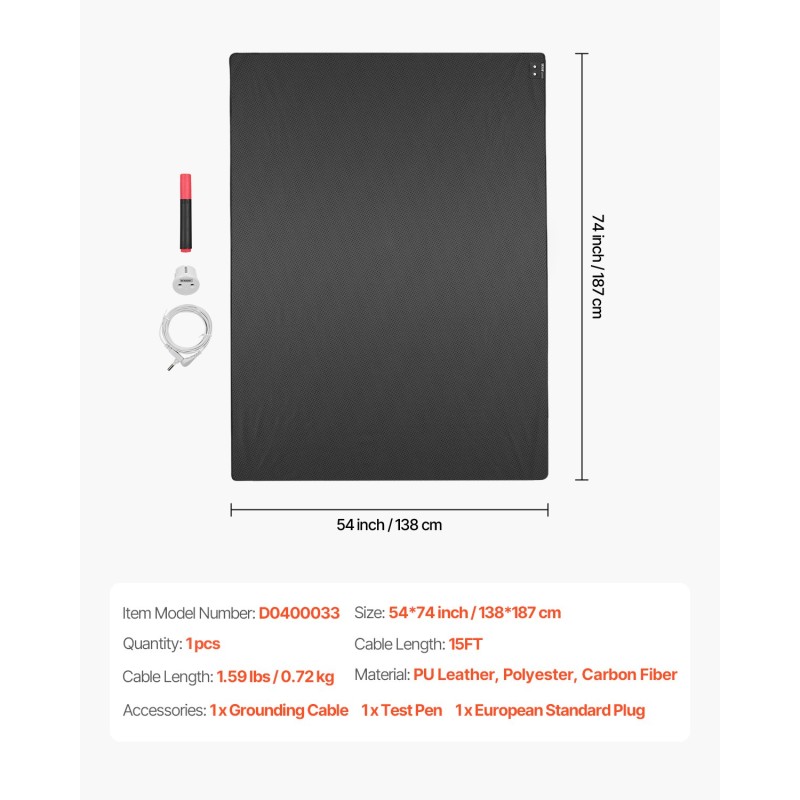 Maadoitusmatto polyuretaaninen nahka polyesteri hiilikuitu 1856x1380 mm 4,6 m kaapelilla