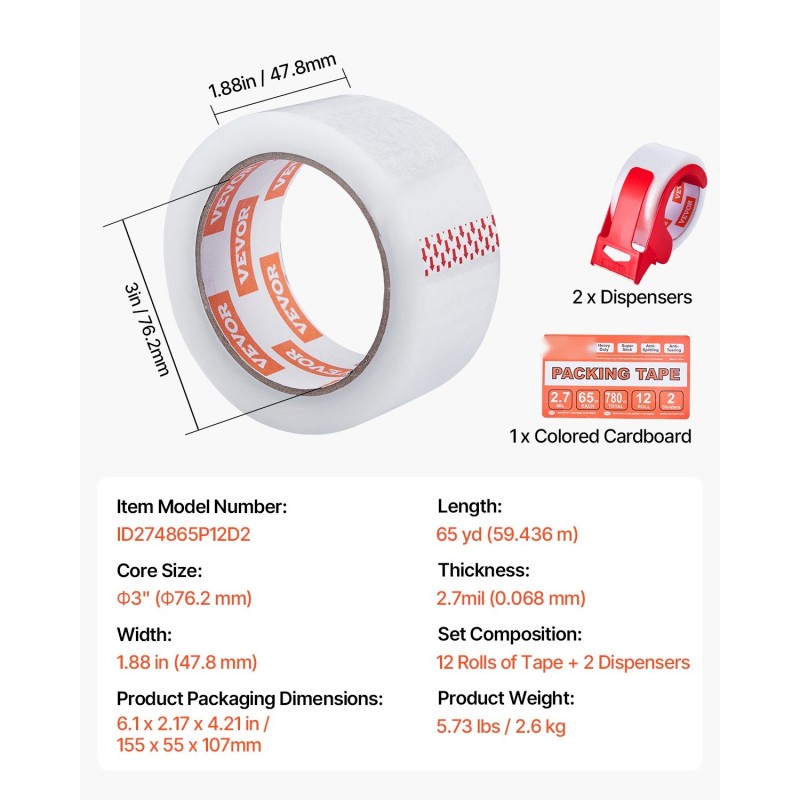 Läpinäkyvä pakkausteippi 12 rullaa 59,4 m 47,8 mm akryyliliima