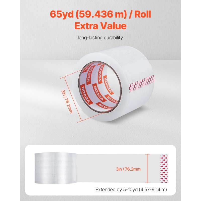 Pakkausteippisetti läpinäkyvä 6 rullaa 76 mm leveä 59,4 m 2,7 mil paksu