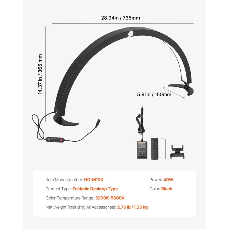 Puolikuun muotoinen LED-pöytävalo säädettävällä 3200–5600K värilämpötilalla alumiiniseosjalalla kynsi- ja ripsityöhön