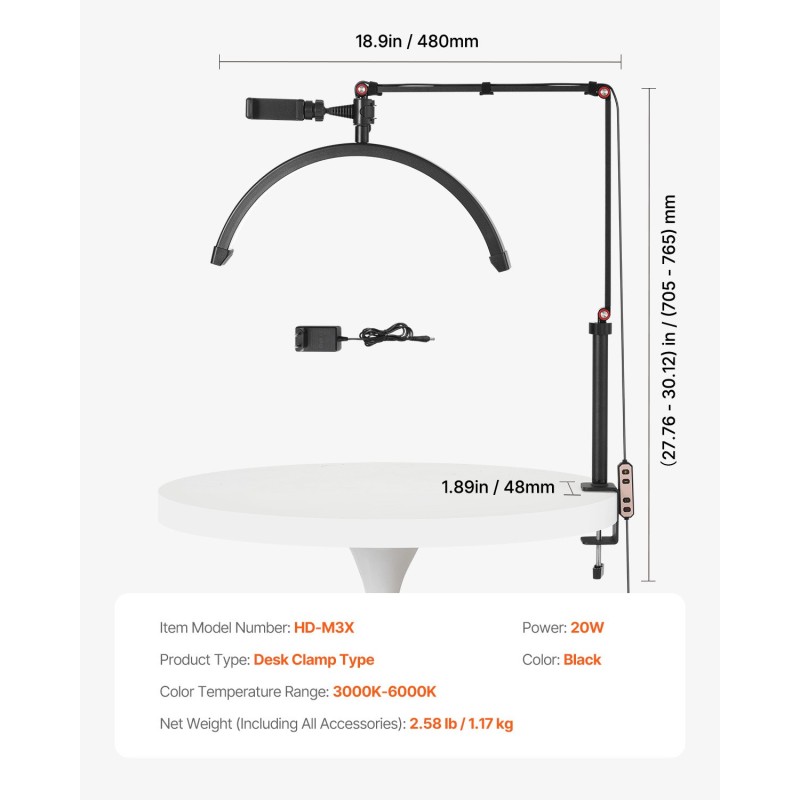 Pöytäkiinnitteinen puolikuun LED-valaisin alumiinirunko C-puristimella säädettävä 3000–6000K