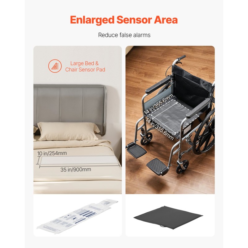 Vuode- ja tuolihälytinsetti muovisilla anturityynyillä 254x889 mm ja 355,6x355,6 mm