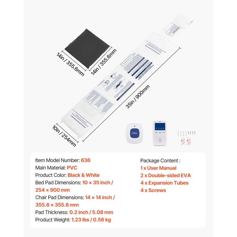 Vuode- ja tuolihälytinsetti muovisilla anturityynyillä 254x889 mm ja 355,6x355,6 mm