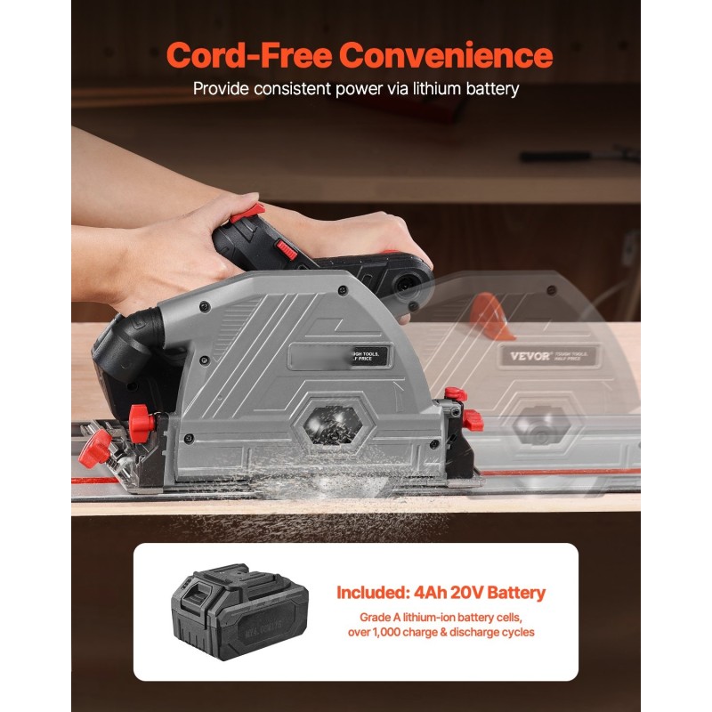 Akkukäyttöinen upotussaha puulle ja levyille 20V 4Ah 140 mm harjaton moottori