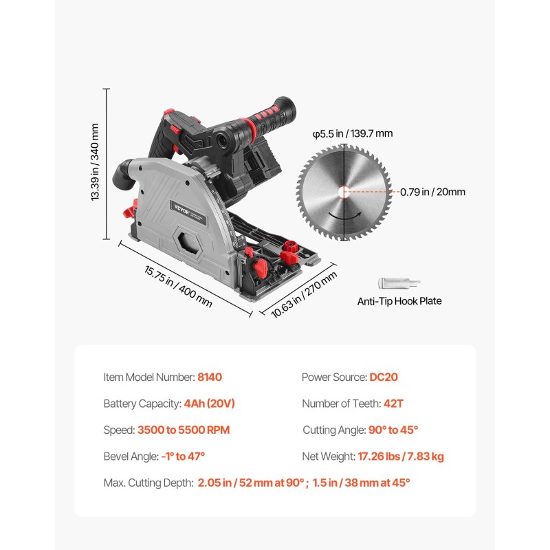 Akkukäyttöinen upotussaha puulle ja levyille 20V 4Ah 140 mm harjaton moottori