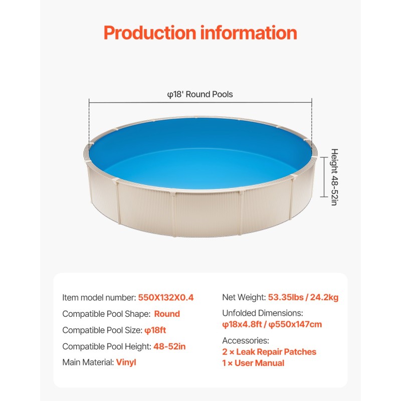 Pyöreä vinyylivuori maanpäälliseen uima-altaaseen halkaisija 550 cm enintään 132 cm korkeus