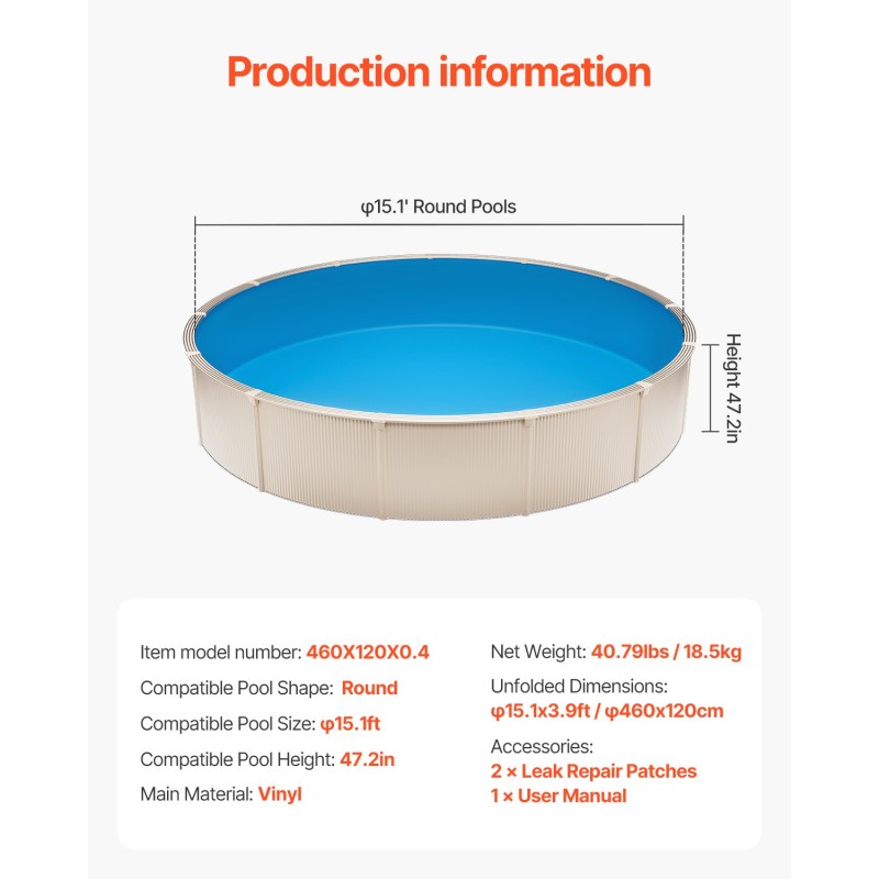 Vinyyliallasliina pyöreään teräsreunaiseen maanpäälliseen altaaseen 460x120 cm Uinbead-kiinnitys