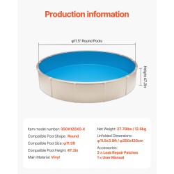 Vinyyliallasmuovi 350 x 120 cm pyöreisiin teräsreunaisiin maapinnan yläpuolisiin altaisiin