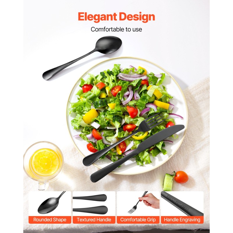 Aterinsetti 30-osainen musta kuudelle hengelle elintarvikelaatuinen 18/0-teräs