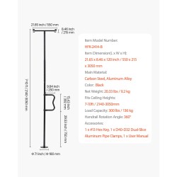 Lattia katto turvatanko säädettävä musta hiiliteräs alumiiniseos 2140–3050 mm 136 kg