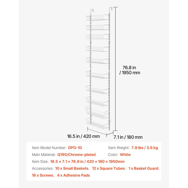 10-tasoinen oveen ripustettava säilytyshylly teräsrunko valkoinen 420x180x1950 mm