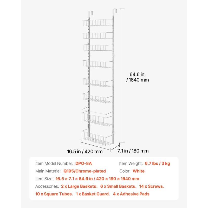 Ovien päälle ripustettava säilytyshylly 8-tasoinen teräksinen valkoinen