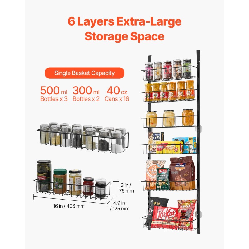 Oven päälle ripustettava teräksinen 6-tasoinen musta säilytyshylly säädettävillä tasoilla