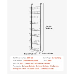 Ovien päälle ripustettava 8-tasoinen kromipinnoitettu teräshylly 420×180×1640 mm musta