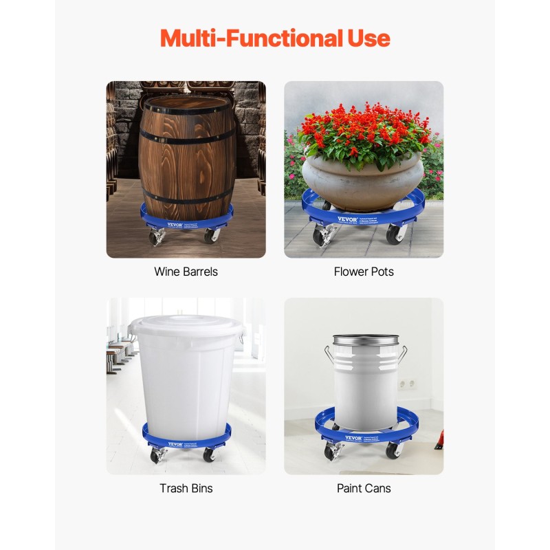 Hiiliteräs tynnyrikuljetusalusta 55 gallonan tynnyreille 907 kg kantavuus 4 kääntyvää pyörää