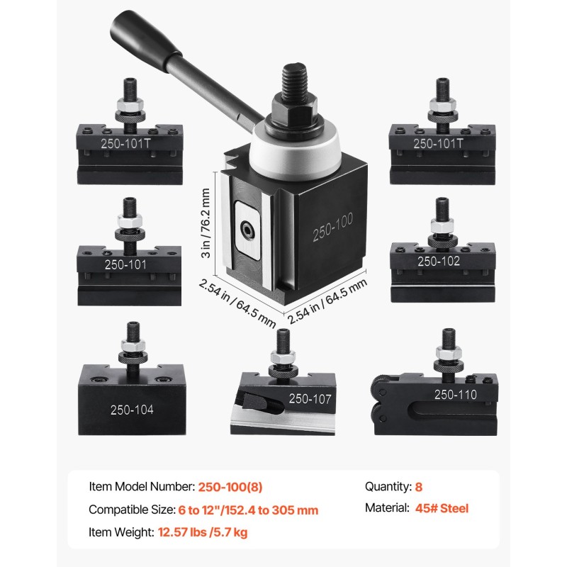 Pikavaihtotyökalupostisarja 8-osainen teräksinen 6–12 tuuman sorveihin