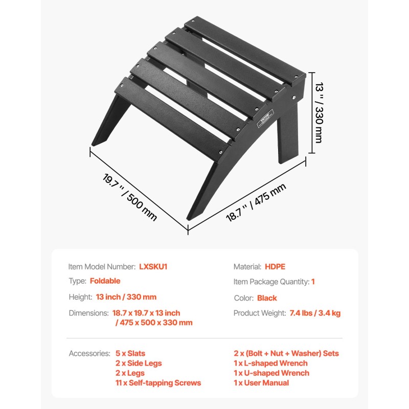 Taitettava ulkorahi HDPE-muovia musta 33 cm korkea Adirondack-tuoliin