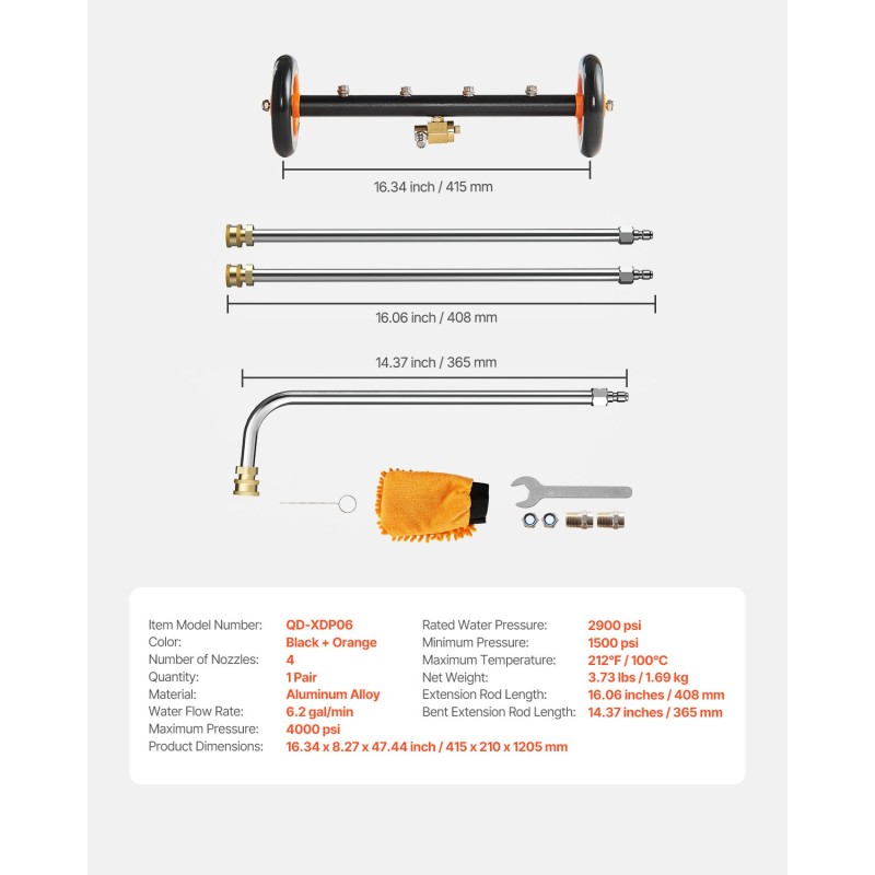 Painepesurin 16-tuumainen alustanpuhdistin ruostumatonta terästä ja alumiiniseosta 4 suutinta 2 jatkovartta